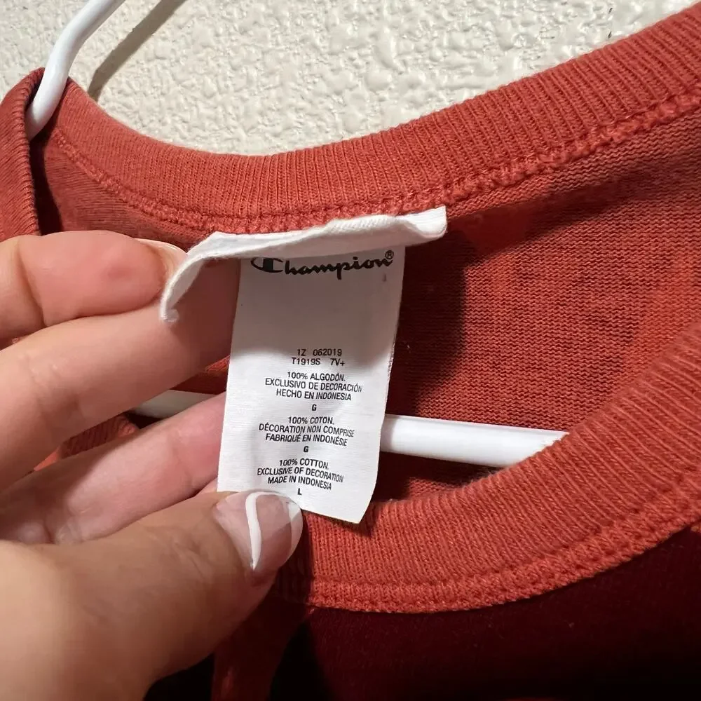 Champion Heritage red orange all over script crewneck short sleeve tee shirt L - Picture 5 of 6